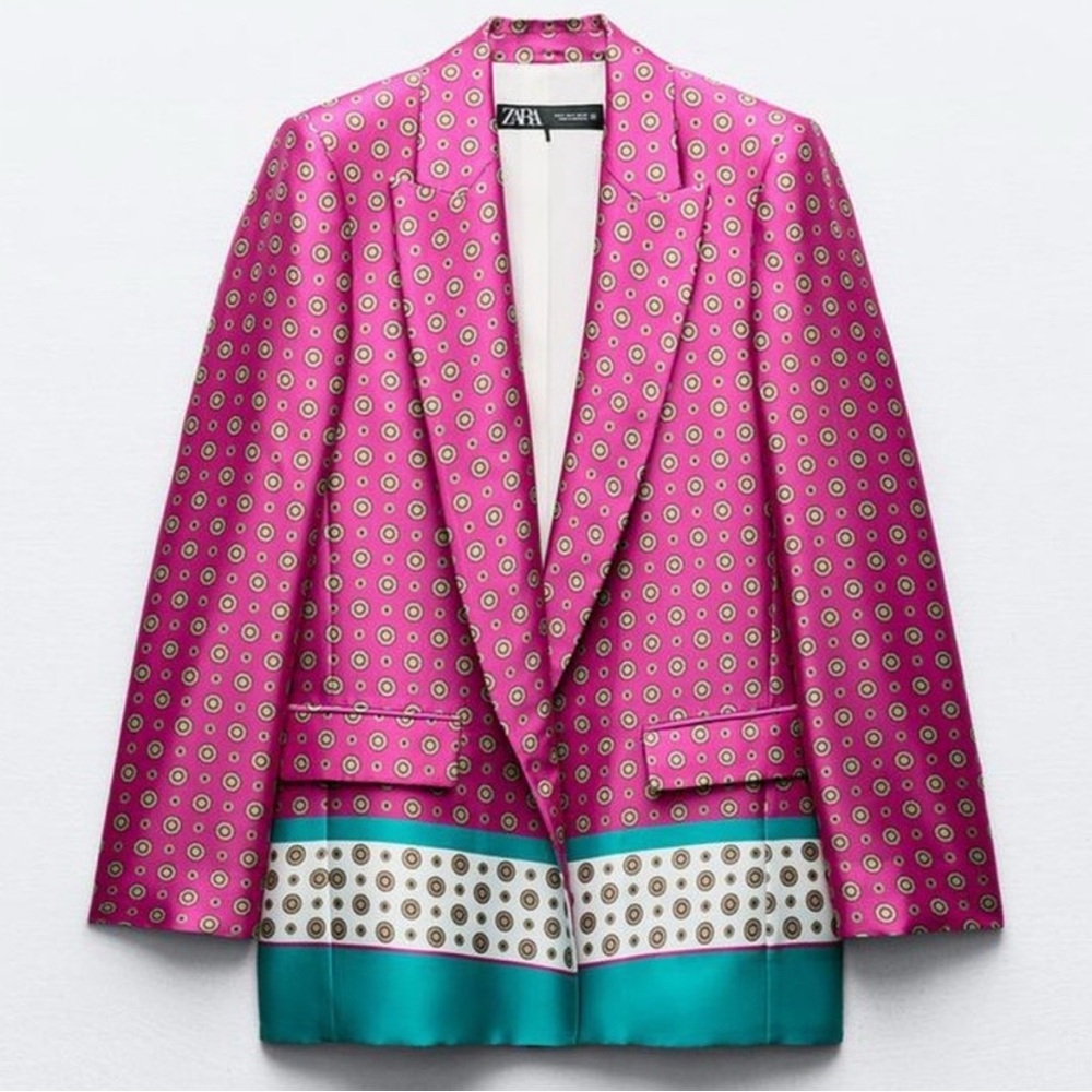 Zara Pink and Teal Patterned Blazer printed satin jacket - Picture 5 of 13